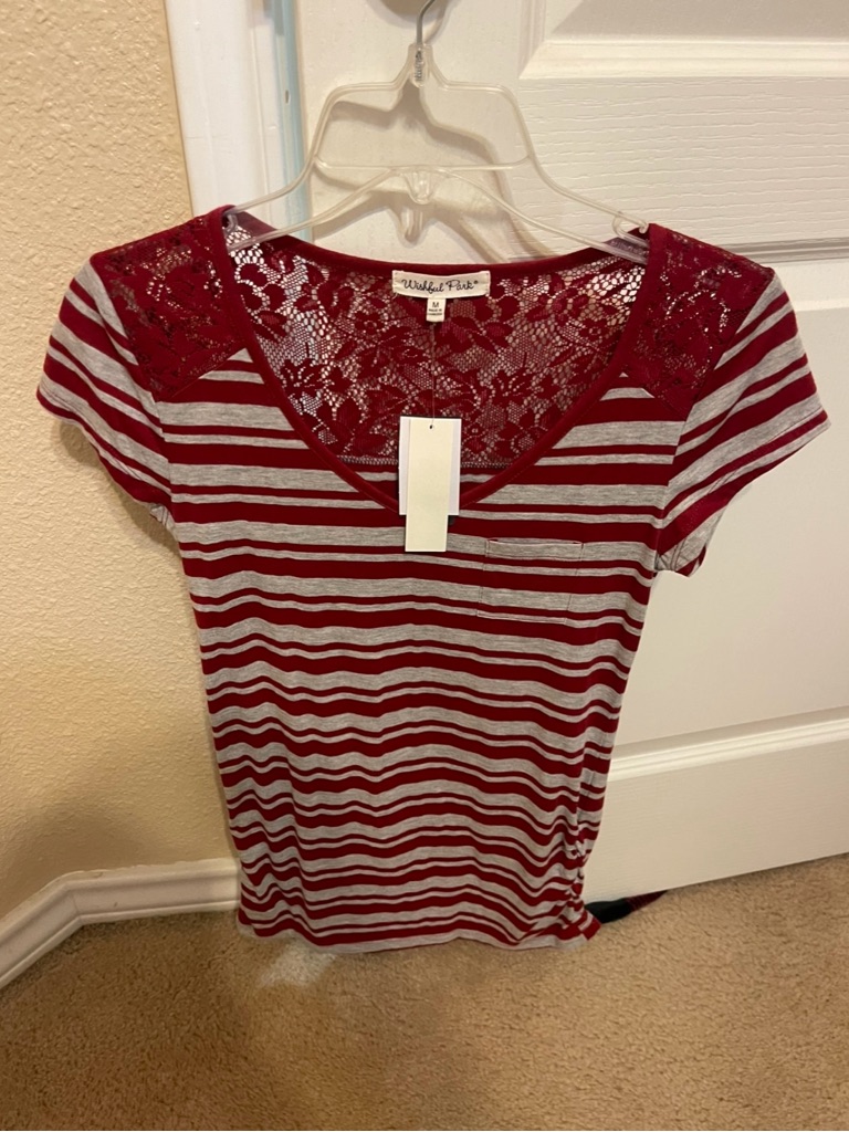Wishful Park Red And Gray Striped Lace Yoke Short Sleeve Tee New With Tag